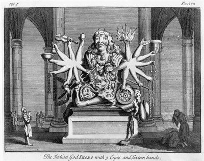 El dios indio Ixora con 3 ojos y dieciséis manos, c.1780 de Edward Rooker