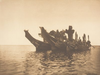 Bailarines enmascarados en canoas - Qagyuhl A, 1914 de Edward Sheriff Curtis
