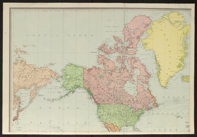 Mapa que cubre Siberia; Alaska; Canadá; Estados Unidos; y, Groenlandia, New Library Chart of the World de Stanford de Edward Stanford