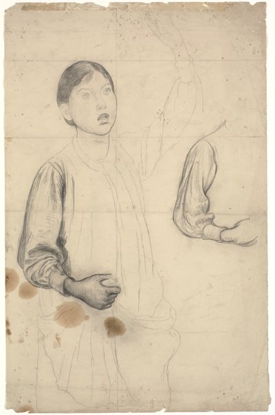 Estudio para una niña de pie con el brazo izquierdo levantado junto con detalles de su brazo derecho de Edward Stott