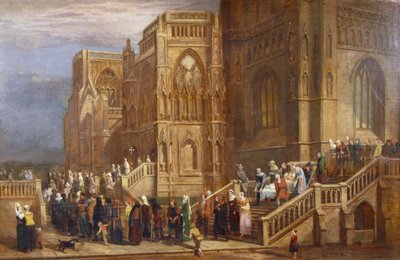 Una procesión de peregrinos fuera de St Mary Redcliffe, c.1825-30 de Edward Villiers Rippingille