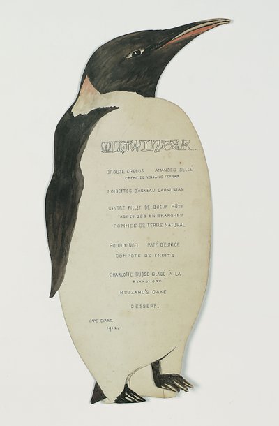 Menú en forma de pingüino emperador, para la Cena del Día del Solsticio de Invierno, Cabo Evans, 22 de junio de 1912 de Edward W. Nelson
