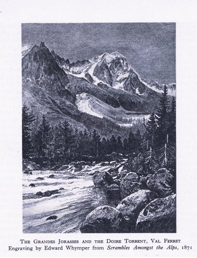 Las Grandes Jorasses y el Torrente Doire, Val Ferrett, de British Adventure publicado por Collins, 1947 de Edward Whymper