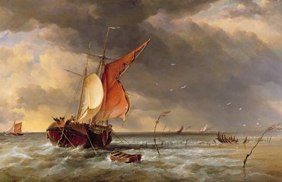 Un galiote holandés encallado en un banco de arena en el Bies Bosch, Holanda, 1878 de Edward William Cooke