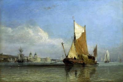 Una barcaza llena de heno frente a Greenwich, en el Támesis (Inglaterra), un tipo de embarcación de fondo plano, práctica para entrar en las calas de las granjas de Suffolk y Margate, iba y venía al corazón de Londres para suministrar heno a cientos de cab de Edward William Cooke