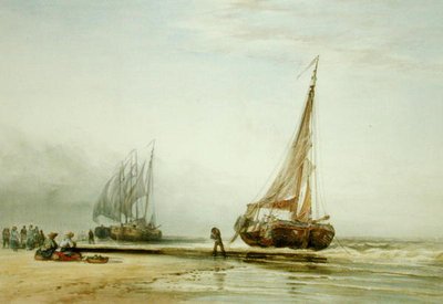 Barcos de pesca holandeses en la playa con grupos de pescadores de Edward William Cooke