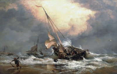 Pescadores tirando de sus barcas en la orilla del Mar del Norte, cerca de Scheveningen (Holanda). Óleo sobre lienzo de Edward William Cooke