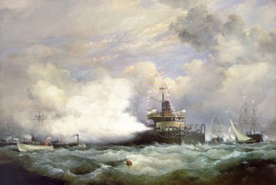 Buque de torreta HM "Devastation" en Spithead con motivo de la revista naval en honor del Sha de Persia, 23 de junio de 1873. de Edward William Cooke