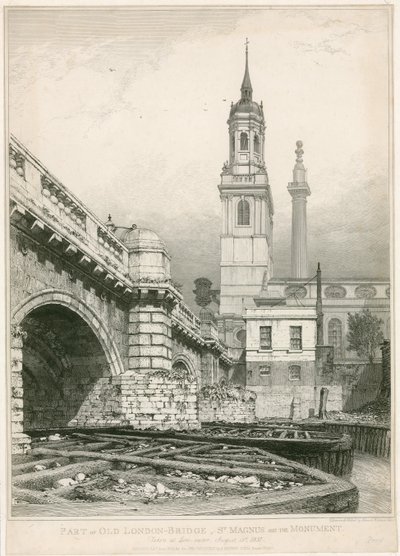 Parte del Puente de Londres Antiguo, St Magnus y el Monumento de Edward William Cooke
