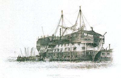 Barco-prisión en el puerto de Portsmouth con los presos subiendo a bordo de Edward William Cooke