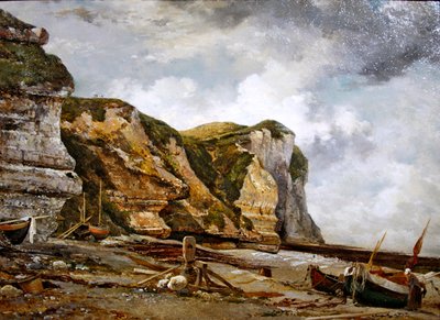 Rocas en bajamar con West Falaise (acantilados y barcos de Etretat) de Edward William Cooke