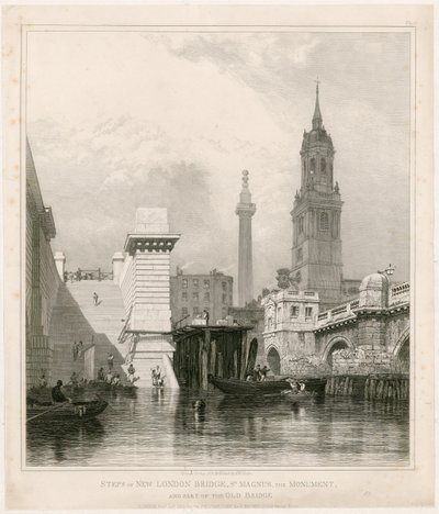 Escaleras del Puente de Londres Nuevo, San Magnus, el Monumento y parte del Puente Viejo de Edward William Cooke