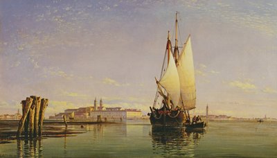 Las colinas Euganeas y la laguna de Venecia - Trabaccola esperando la marea, atardecer, 1853 de Edward William Cooke