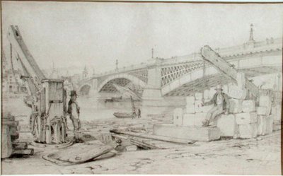 Vista del Puente de Southwark y el río Támesis desde Bankside, con dos grúas en primer plano de Edward William Cooke