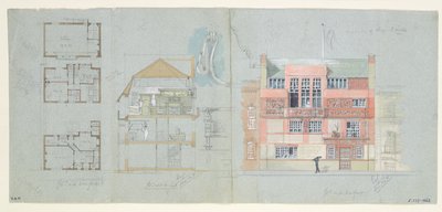 Elevación frontal y sección para casa y estudio para Frank Miles, Tite Street, Chelsea, 1878-79 de Edward William Godwin