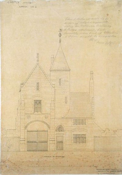 Elevación frontal del Castillo Ashby, Lodge No.2 de Edward William Godwin
