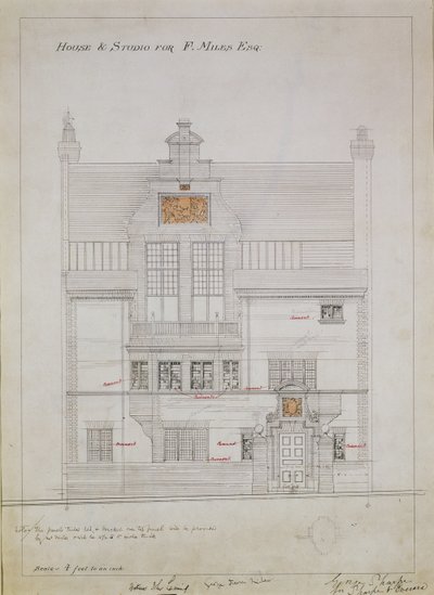 Dibujo de trabajo para Casa y Estudio para F. Miles Esq, Tite Street, Chelsea, 1878-79 de Edward William Godwin