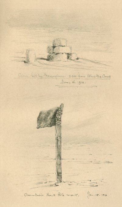 Cairn dejado por los noruegos y la marca del Polo Sur de Amundsen, enero de 1912, 1913 de Charles Edward Wilson