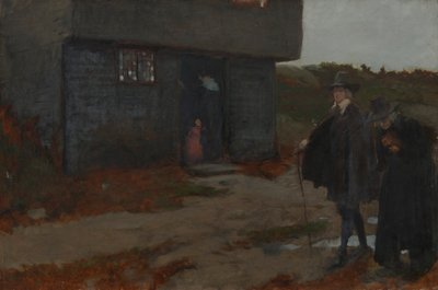 En la puerta de la cabaña (escena de Nueva Inglaterra del siglo XVII) de Edwin Austin Abbey