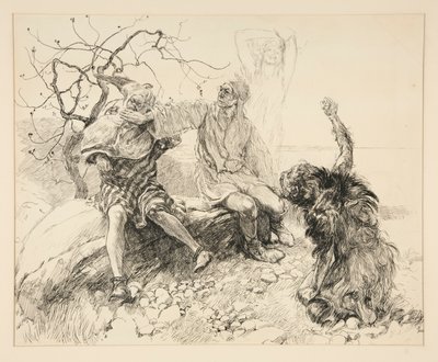 Calibán, Stephano y Trinculo (Ariel invisible), ilustración para el Acto II, Escena II, La Tempestad de Edwin Austin Abbey