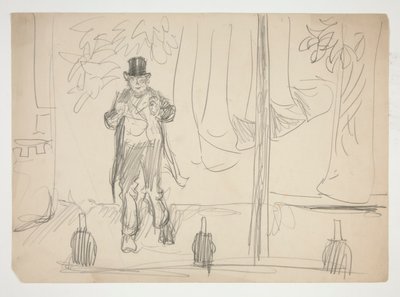 Caricatura de una actriz en el escenario (?) - ilustración no identificada de Edwin Austin Abbey
