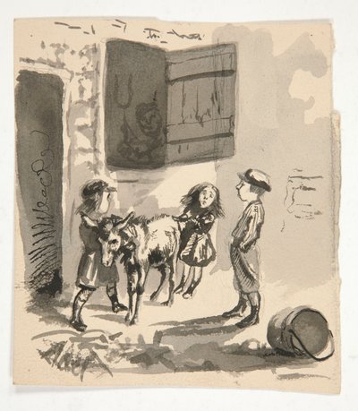 Niños con burro (anverso); Ilustración no identificada de un organillero (verso) de Edwin Austin Abbey