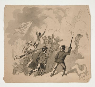 Escena de batalla de la Guerra Civil (anverso); Ilustración no identificada del hombre en un bosque (verso) de Edwin Austin Abbey