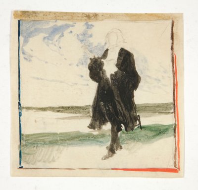 Hombre encapuchado en paisaje - ilustración no identificada de Edwin Austin Abbey