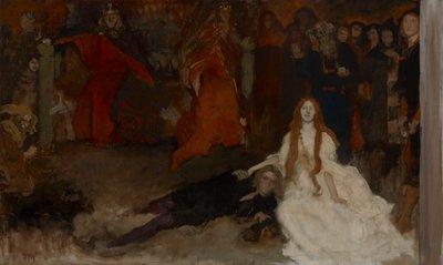 Estudio de composición, para La escena del juego en Hamlet, Acto III, Escena II de Edwin Austin Abbey