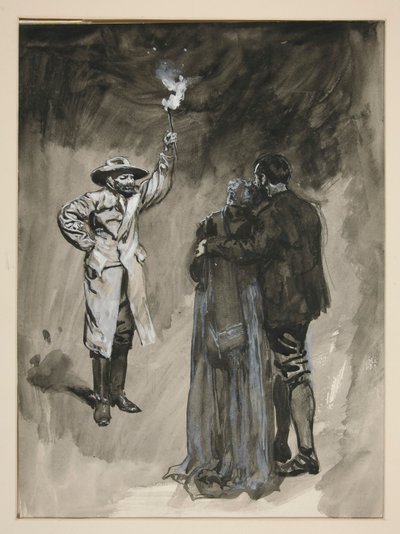 Pareja confrontada en la calle por un hombre que sostiene una antorcha - ilustración no identificada de Edwin Austin Abbey