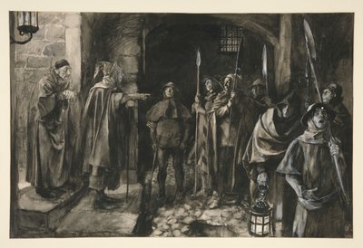 Dogberry y sus compañeros con un reloj - Acto III, Escena III, Mucho ruido y pocas nueces de Edwin Austin Abbey