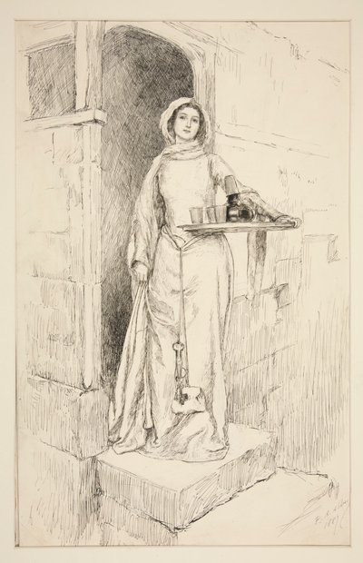 Entra la señora Anne Page con vino - Acto I, Escena I, Las alegres comadres de Windsor de Edwin Austin Abbey