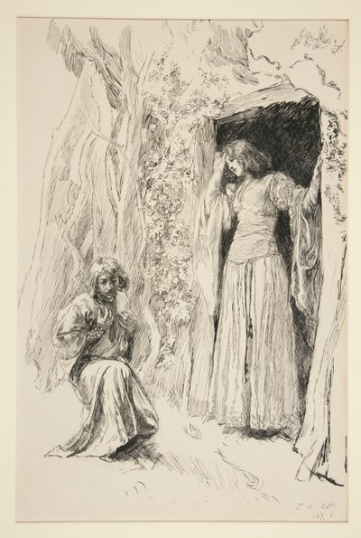 Ferdinand conoce a Miranda, ilustración del acto III, escena i, La tempestad de Edwin Austin Abbey