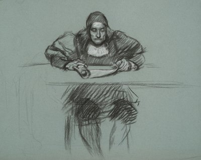 Figura para Juicio de la Reina Catalina. empleado en el escritorio de Edwin Austin Abbey