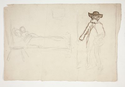 Figura en la cama, hombre entrando en la habitación - ilustración no identificada de Edwin Austin Abbey
