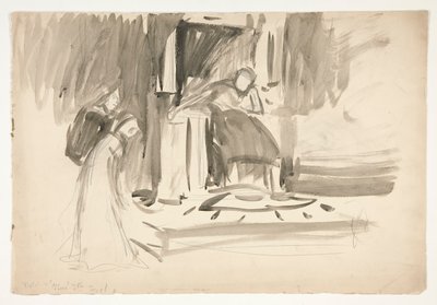 Figura en el trono, flanqueada por dos figuras, boceto de una obra de Shakespeare no identificada de Edwin Austin Abbey