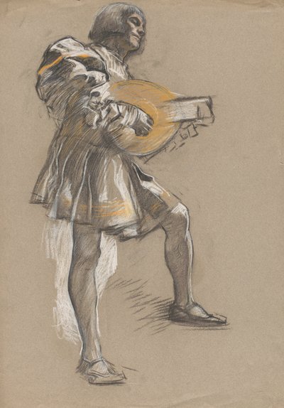 Figura con mandolina con traje medieval. de Edwin Austin Abbey