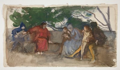 Figuras sentadas a lo largo de un banco al aire libre de Edwin Austin Abbey
