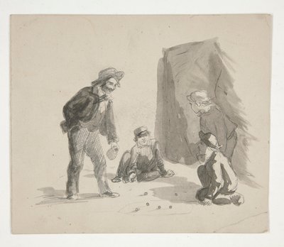 Cuatro muchachos jugando a las canicas (anverso); Ilustración no identificada de niño en caballete en interior (verso) de Edwin Austin Abbey