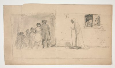 Grupo de figuras fuera de la casa de piedra - ilustración no identificada de Edwin Austin Abbey