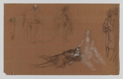 Hamlet - caricaturas para la pintura. Acto II, Escena 2 de Edwin Austin Abbey