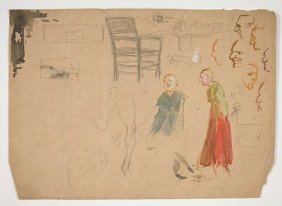 Estudios de cabeza y figura, y Estudio de una silla (anverso); Bocetos para ilustraciones de libros (verso) de Edwin Austin Abbey