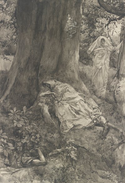 Hermia en el bosque, ilustración del Acto III, Escena II, Una noche de verano de Edwin Austin Abbey