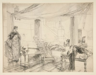 Hermione ruega a Polixenes (estudio para .1122) - Acto I, Escena II, El Invierno de Edwin Austin Abbey