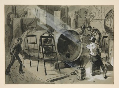 Ilustración dentro de una fábrica de Edwin Austin Abbey