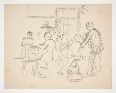 Escena interior del restaurante (?) - ilustración no identificada de Edwin Austin Abbey