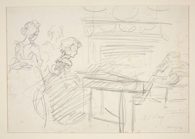Escena interior: mujer al piano y familia - ilustración no identificada de Edwin Austin Abbey