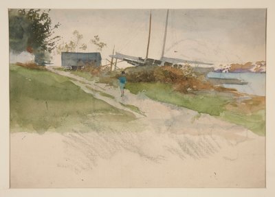 Paisaje con figura caminando por un sendero, agua en la distancia de Edwin Austin Abbey