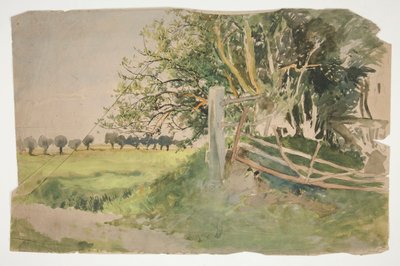 Paisaje con árboles y valla rota. de Edwin Austin Abbey