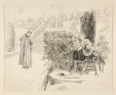 Malvolio encuentra la carta, ilustración del Acto II, Escena V, Noche de Reyes de Edwin Austin Abbey